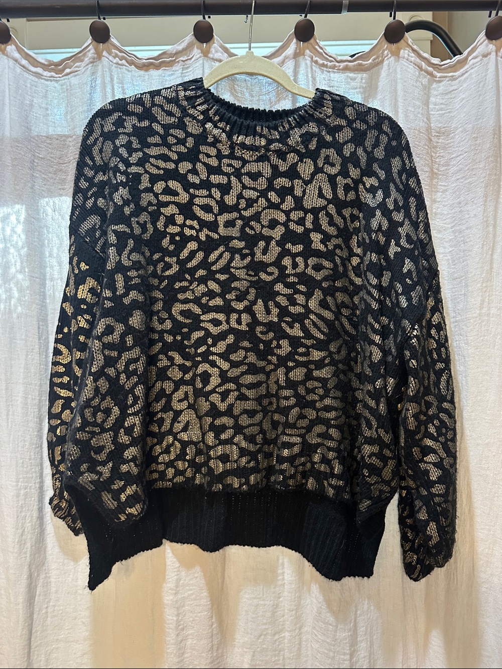 Metallic Gold Leopard-Print Black Crewneck Sweater